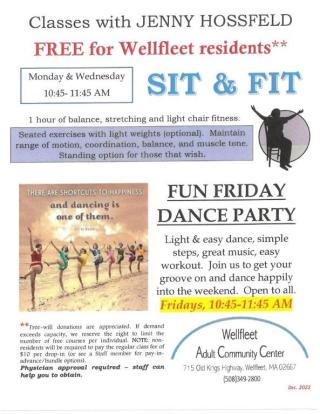 Sit & Fit (Mon./Wed.) and Fun Friday Dance with Jenny - Free for Wellfleet Residents